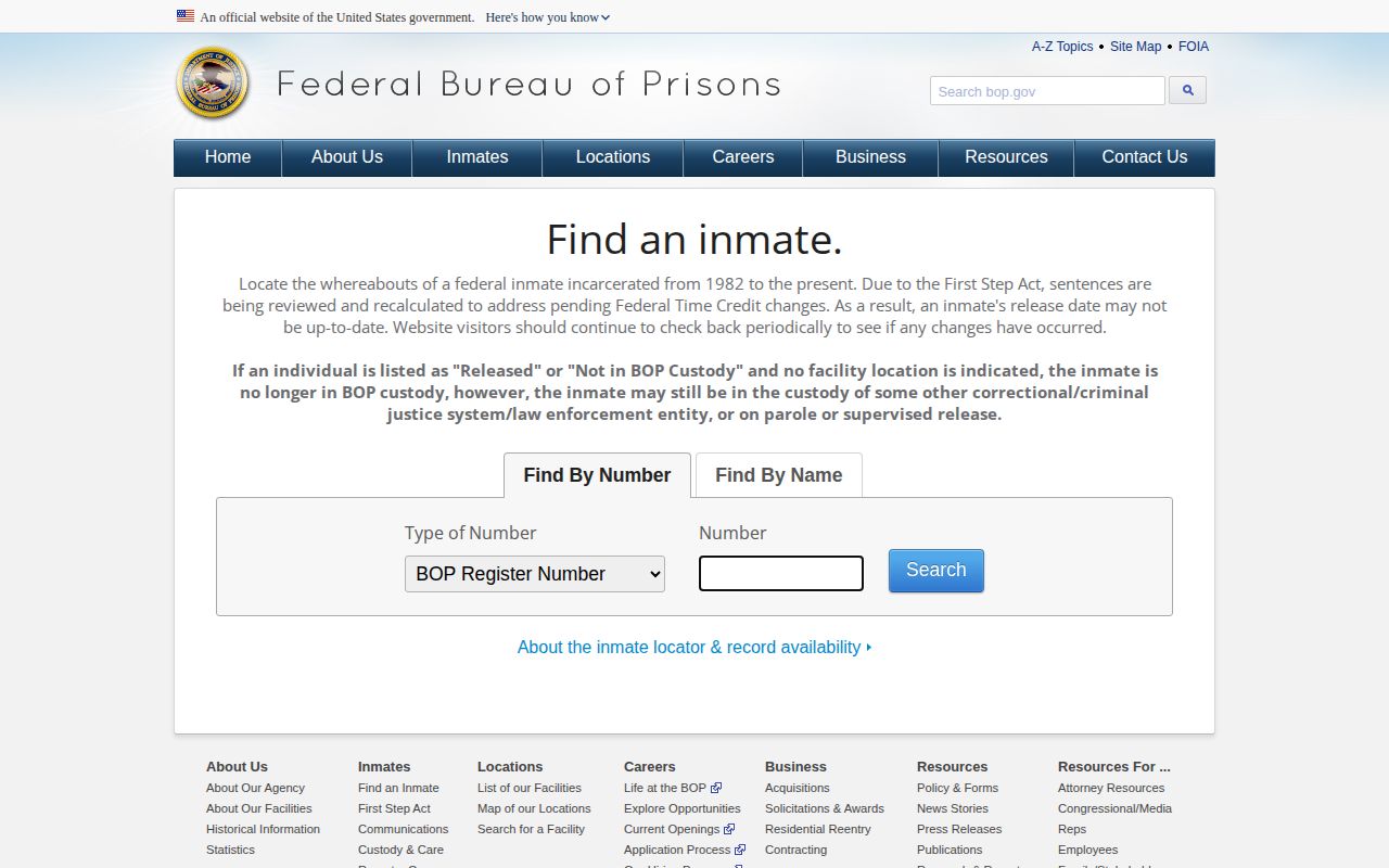 Federal Bureau of Prisons inmate locator search interface