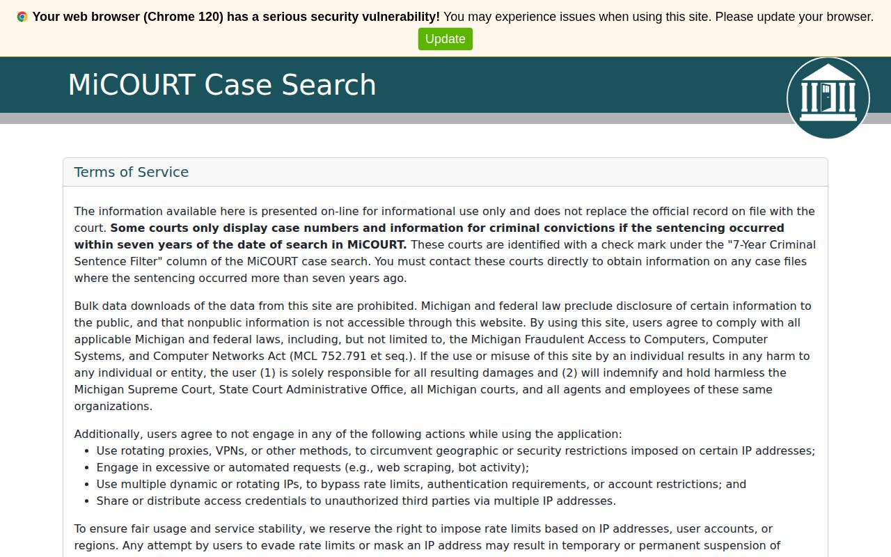 Michigan MiCOURT search filters used to locate an Ottawa County criminal case