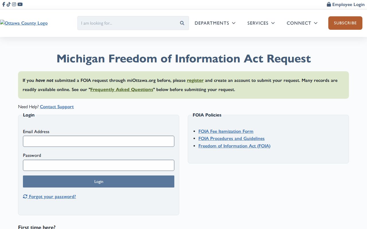 Ottawa County FOIA portal registration and request screen