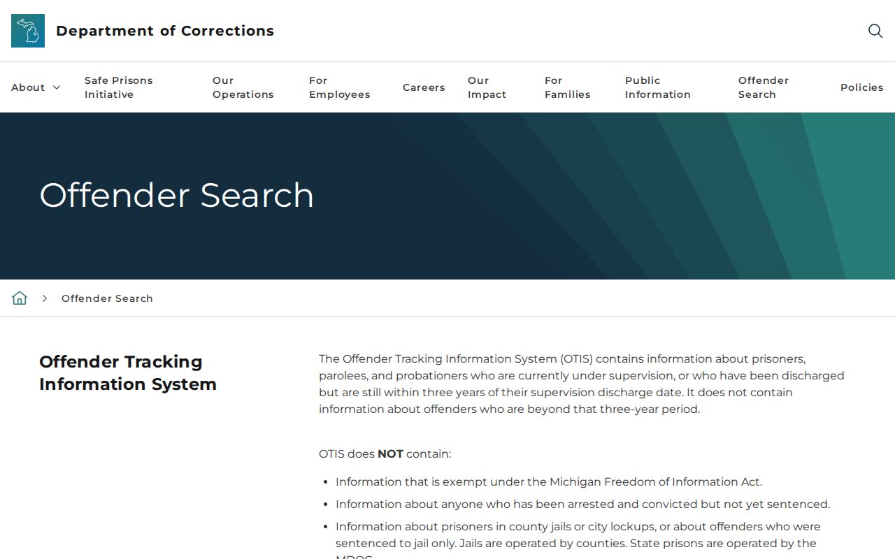Michigan Department of Corrections OTIS scope and public-display limitations