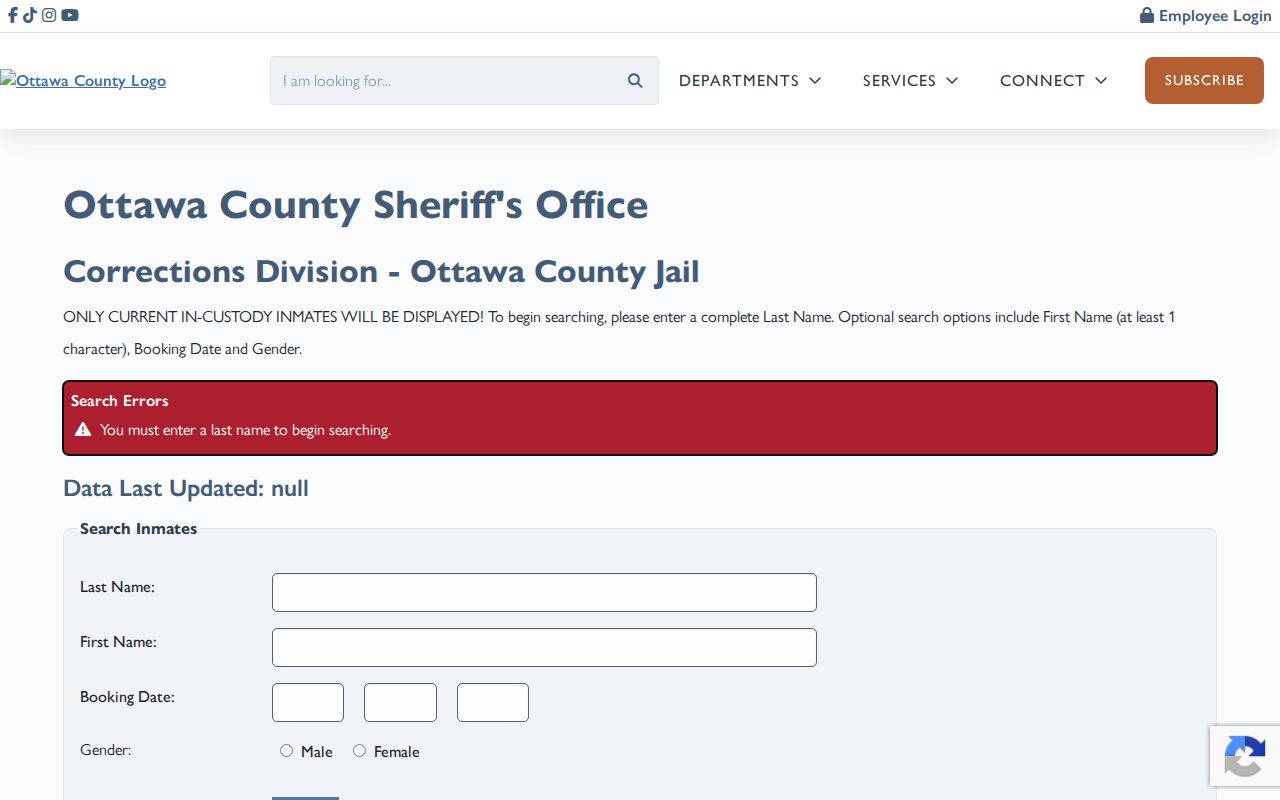 Ottawa County inmate lookup showing its current-custody-only notice and search fields
